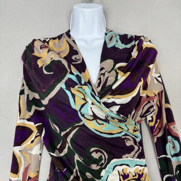 M Missoni Dress Womens Medium Purple Floral Abstract Ruched Faux Wrap Cocktail - Picture 2 of 16